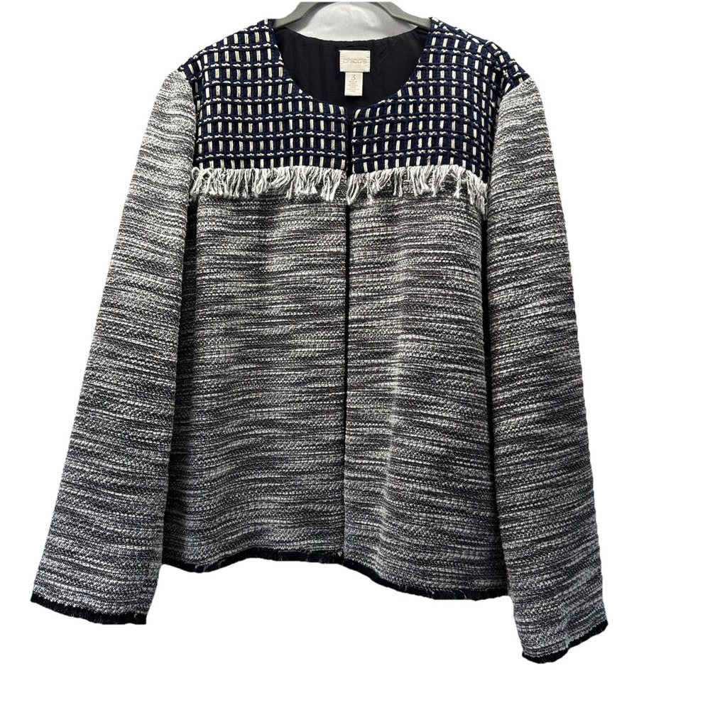 Chicos Women's Jacket Sz XL Blue White Fringe Bohemian Open Long‎ Sleeve Pleated